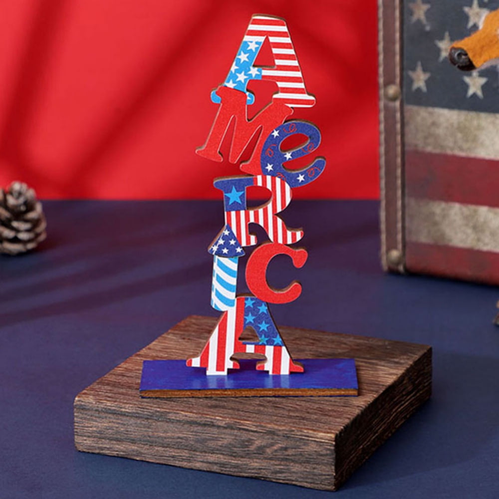 Wooden Patriotic Table Decoration, 4th of July Table Centerpiece Independence Day Letter Sign Table Decoration for Patriotic Party Memorial Day Home Decor Red White and Blue Decor